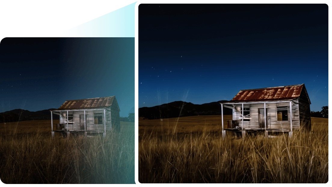 A comparison of image brightness featuring a wooden house