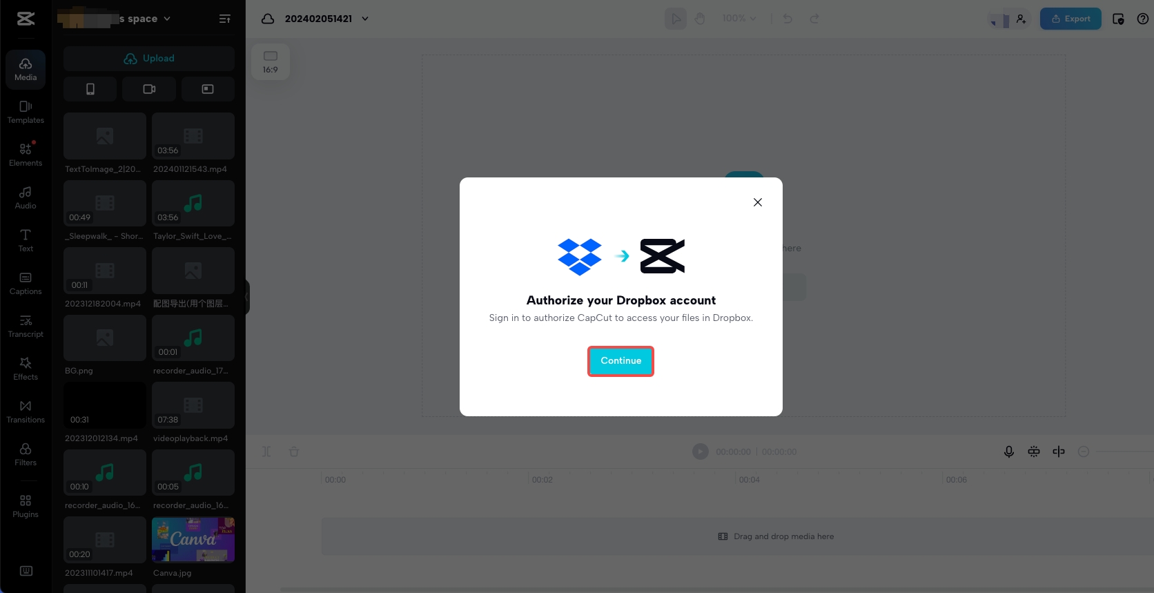CapCut will request authorization to access your Dropbox files