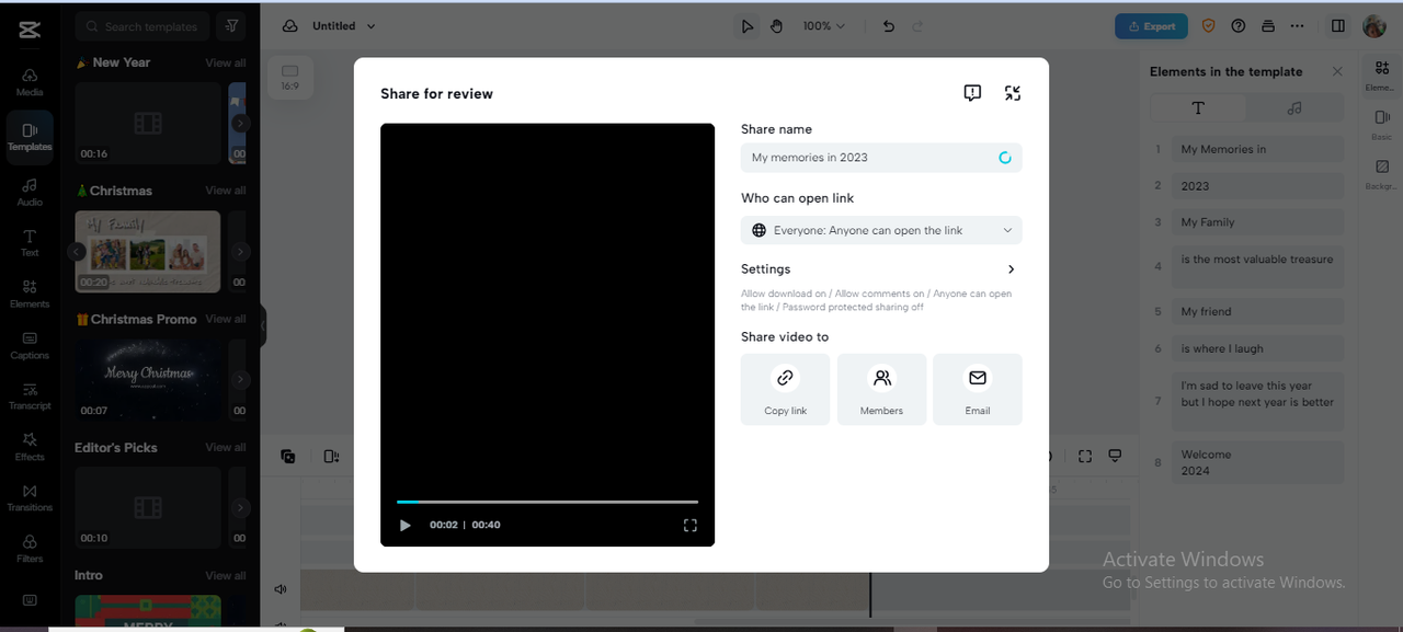 Share video for review in CapCut online video editor