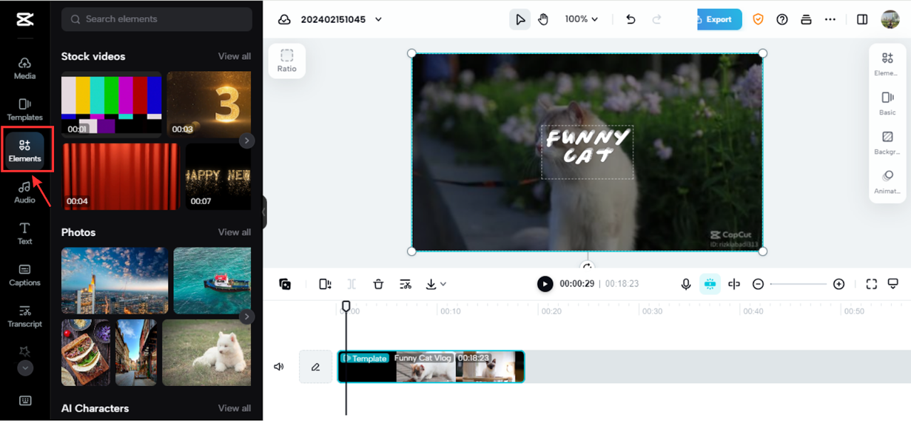 Video elements at CapCut Online video editor