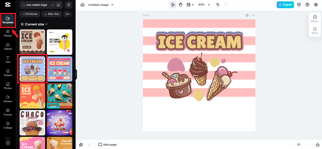Selecting template for ice cream logo in CapCut Online