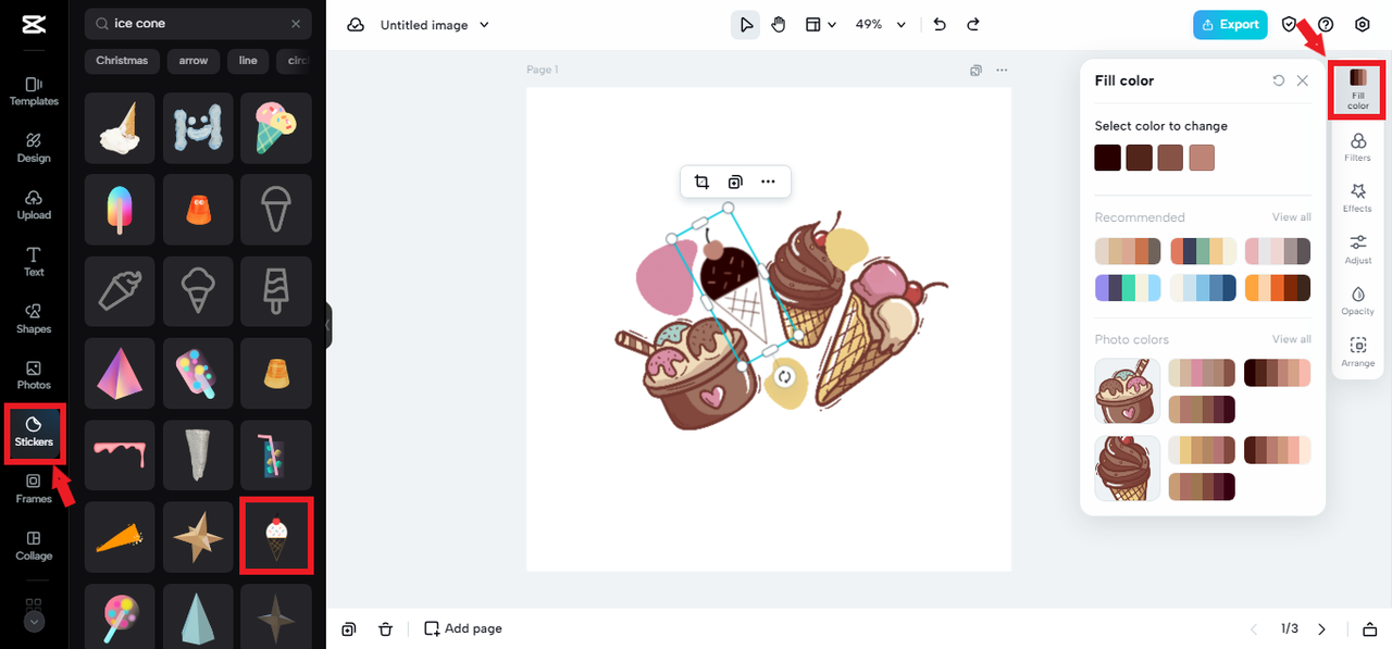 selecting stickers for ice cream logo in CapCut Online