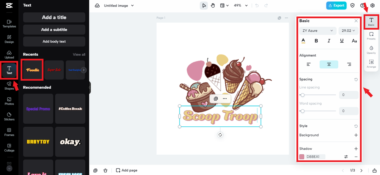 adding text to ice cream logo in CapCut Online