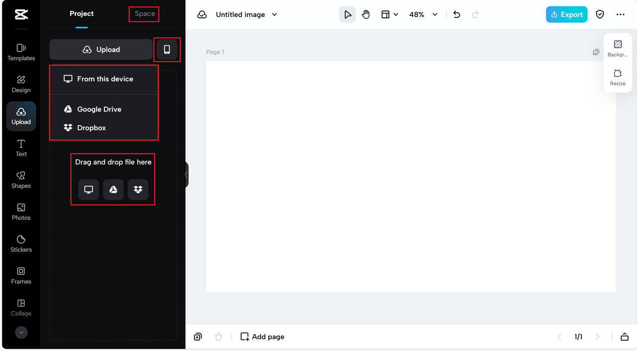 Upload image and choose canvas size