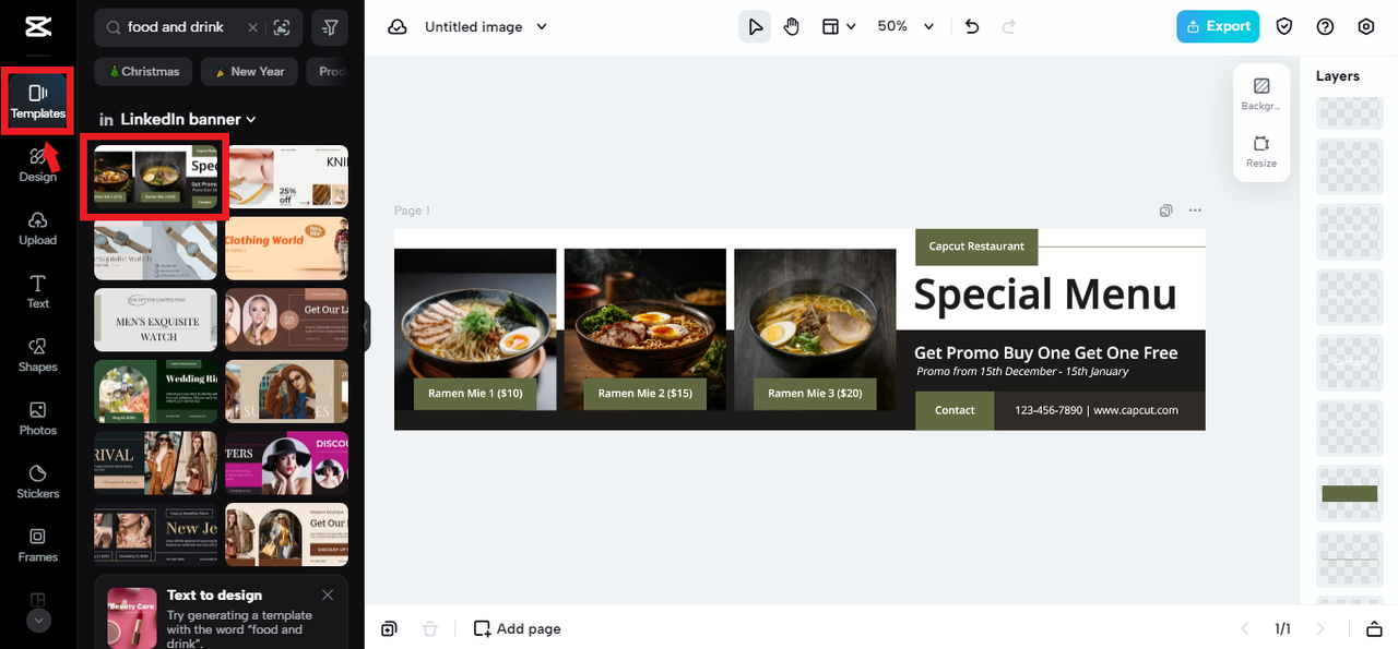 food-related templates in CapCut Online for LinkedIn banner