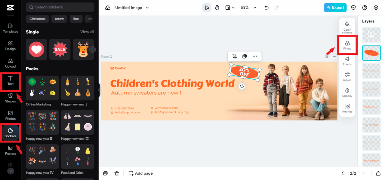 stickers, text, and filters in CapCut Online