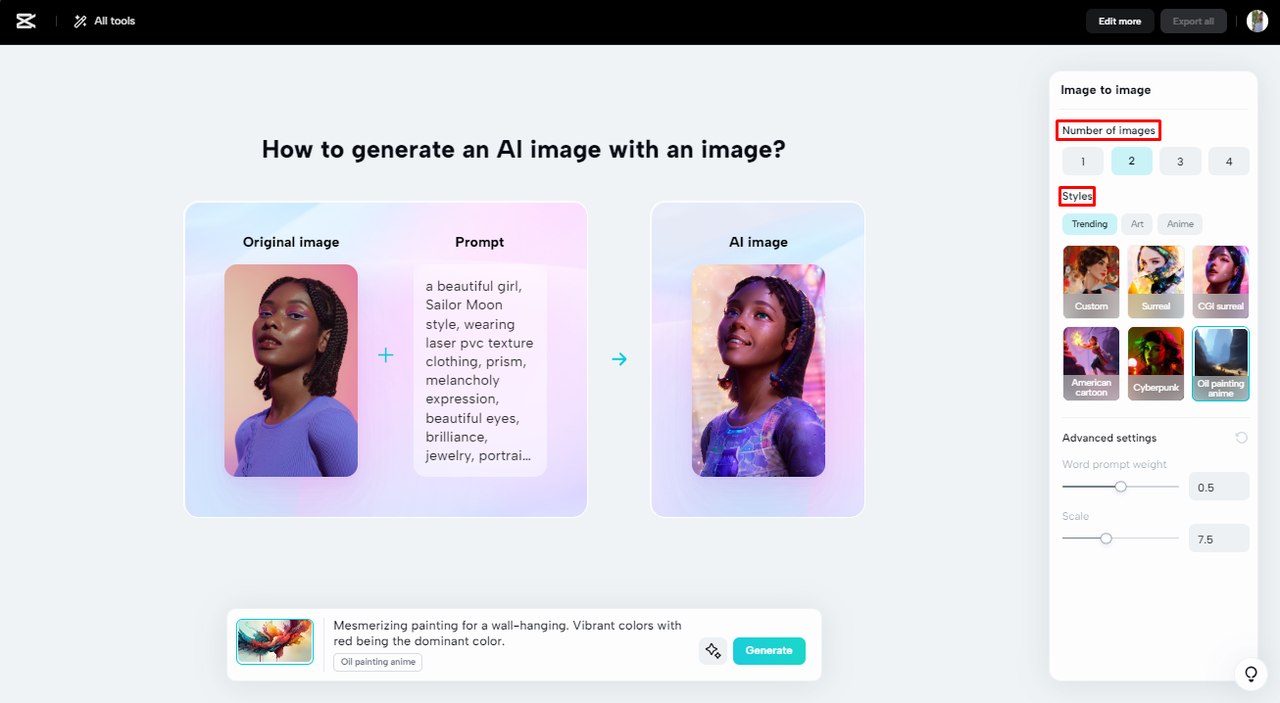 Number of images and styles for picture to painting AI conversion