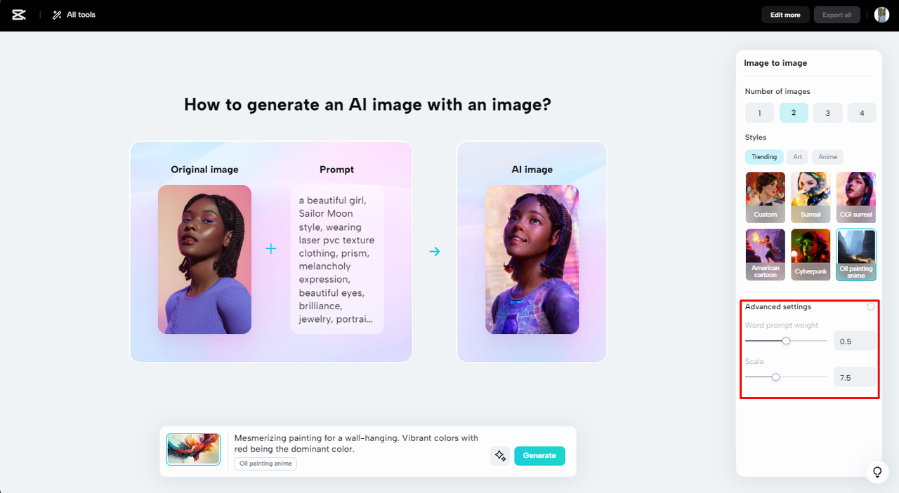 Tweak advanced settings for image to painting AI generation