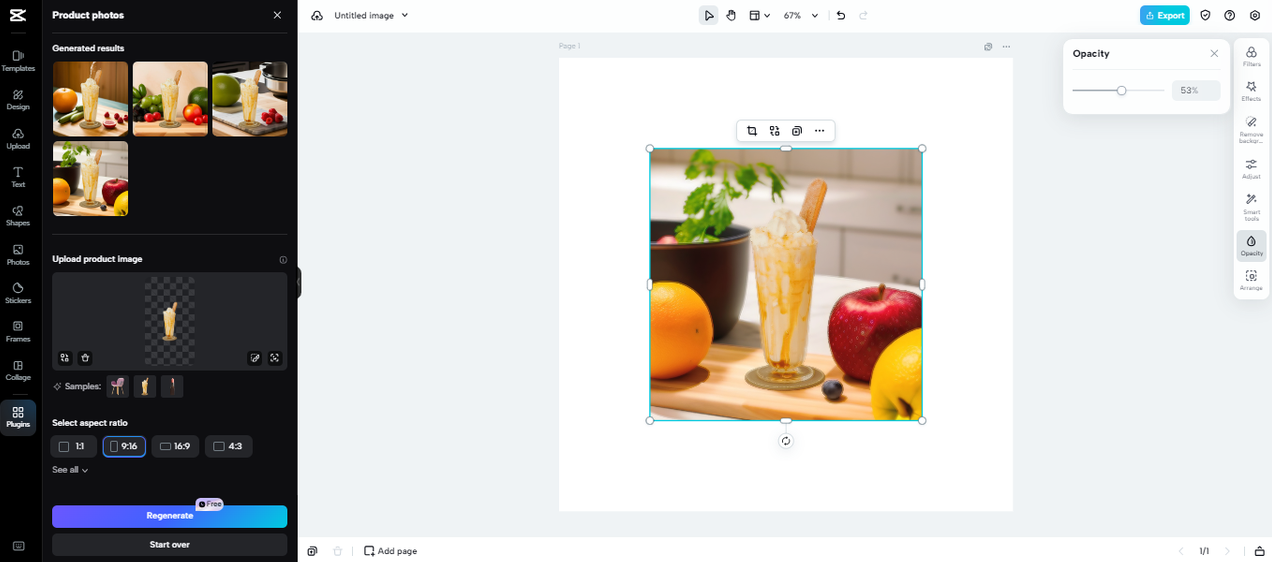 Adjust opacity level in CapCut product photos