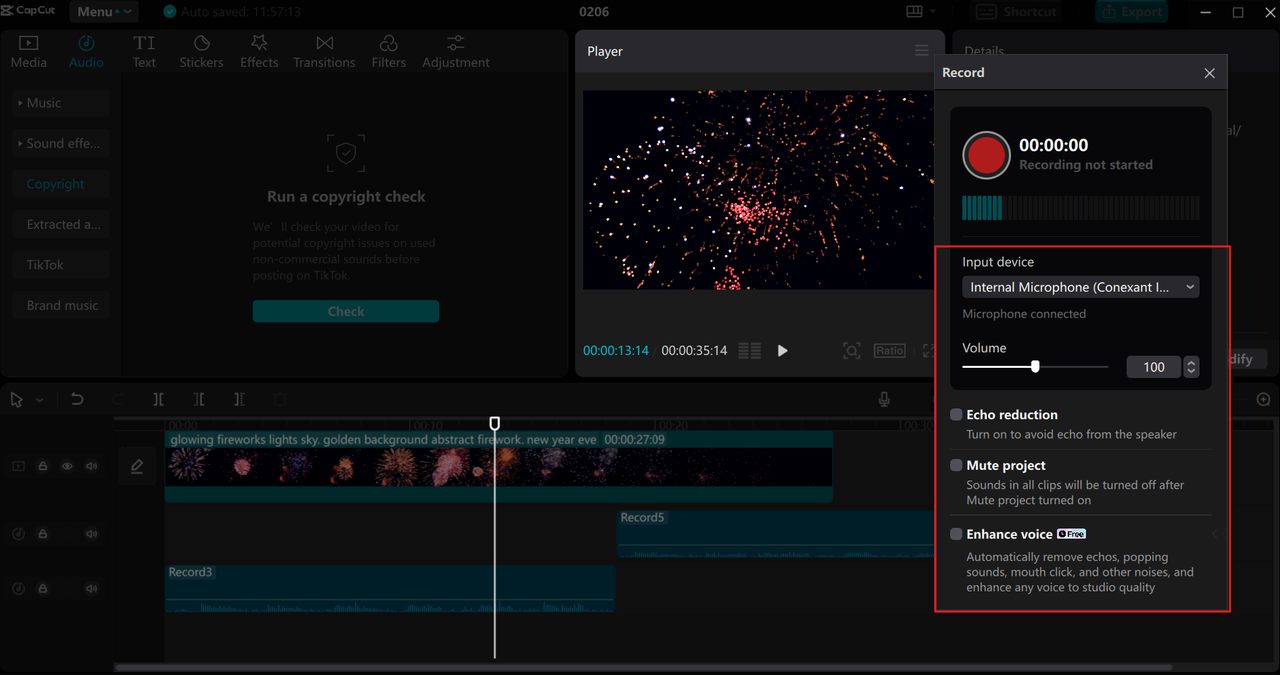 Audio recording settings on the CapCut desktop editor and music recorder app for PC