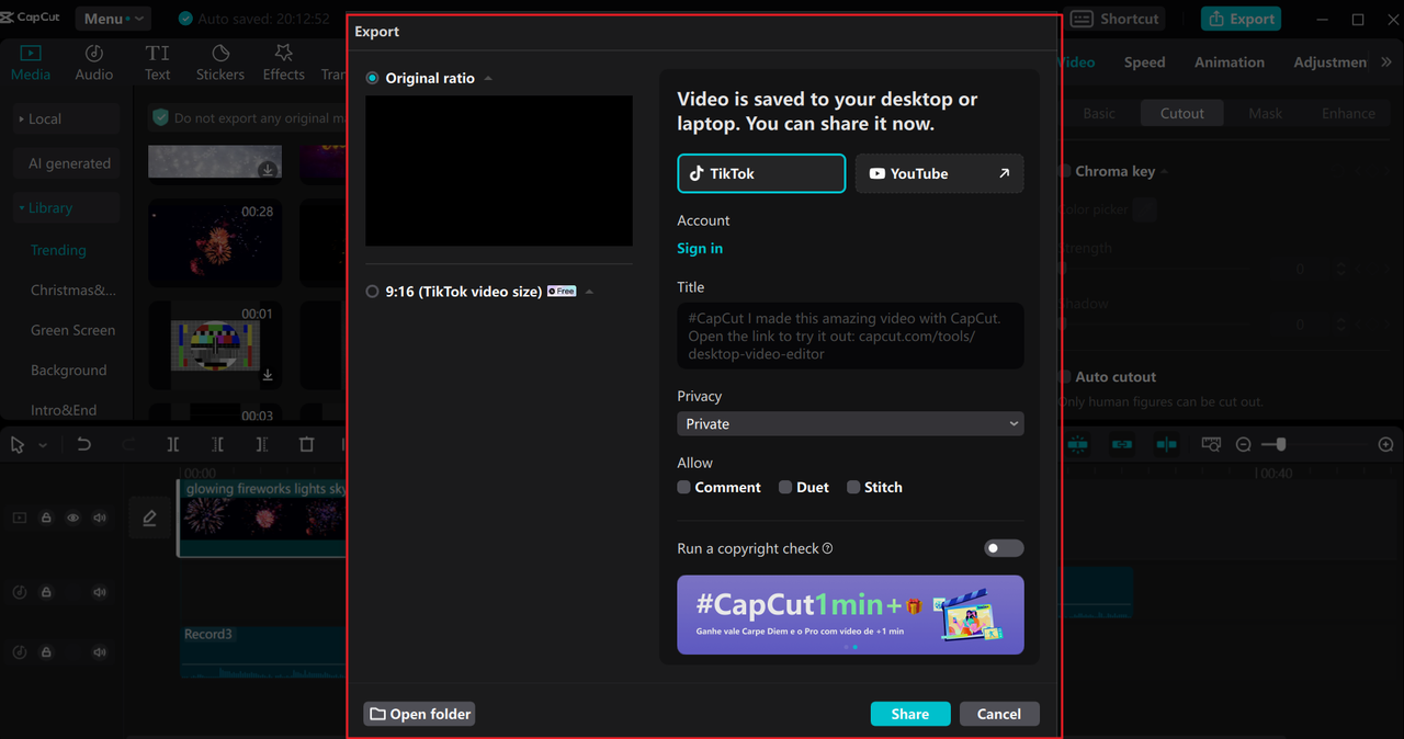 Share videos from the CapCut desktop editor and free music recording app for PC