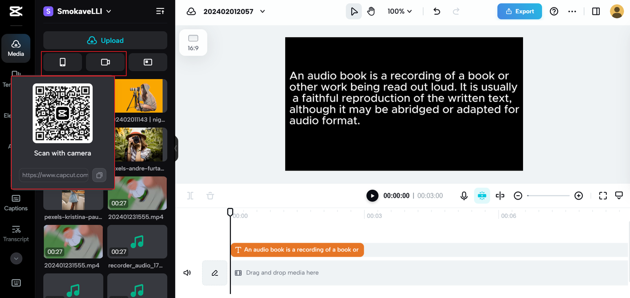 Add phone media or record video via the CapCut online video editor and free text to speech generator