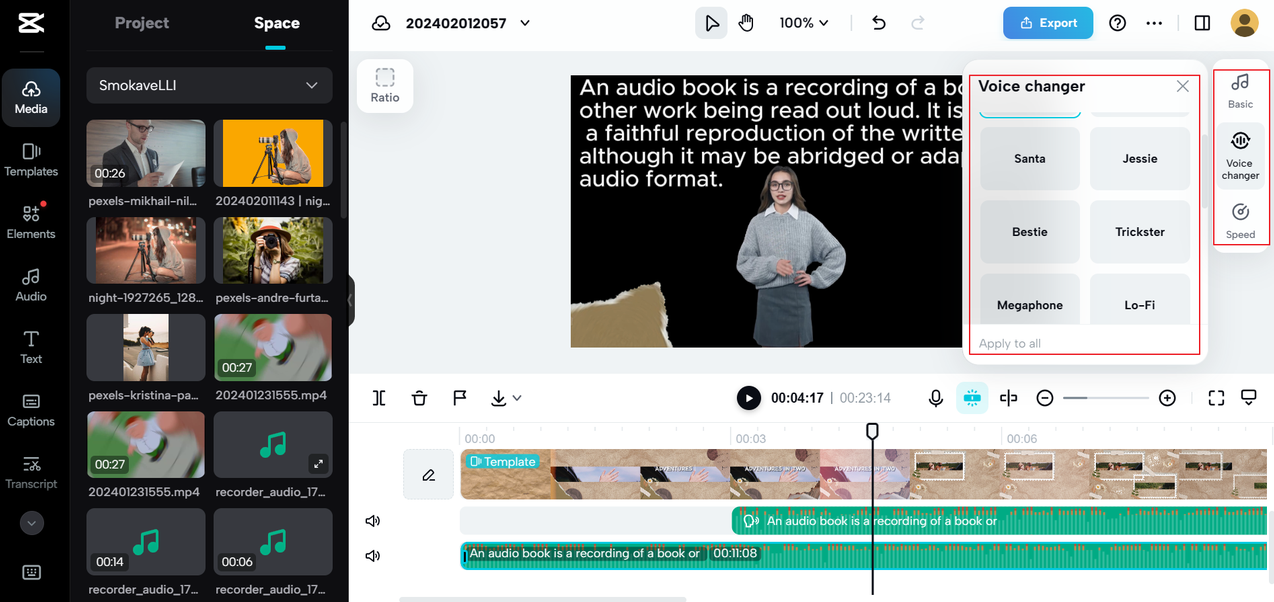 CapCut online video editor free voices for text to speech