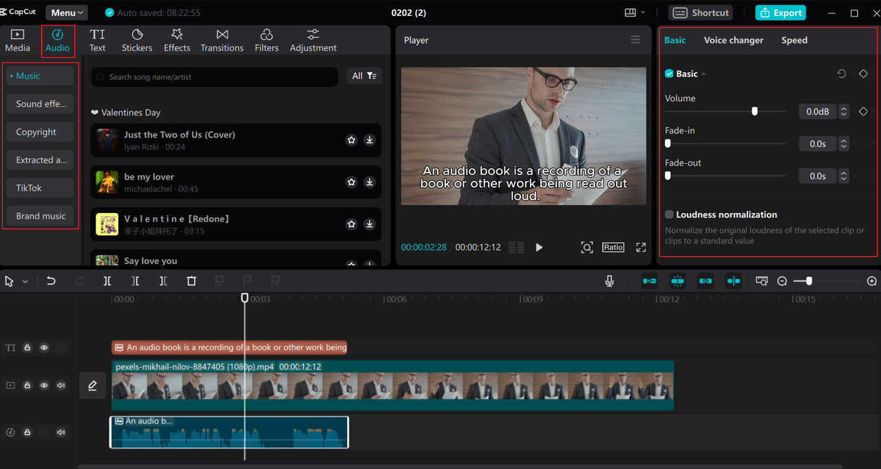  Edit audio and add audio resources on the CapCut desktop text to speech video maker free