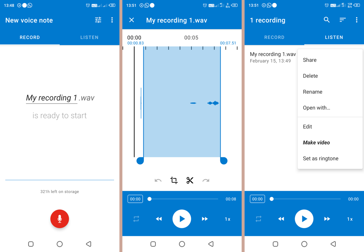 Easy voice recorder Android app interface