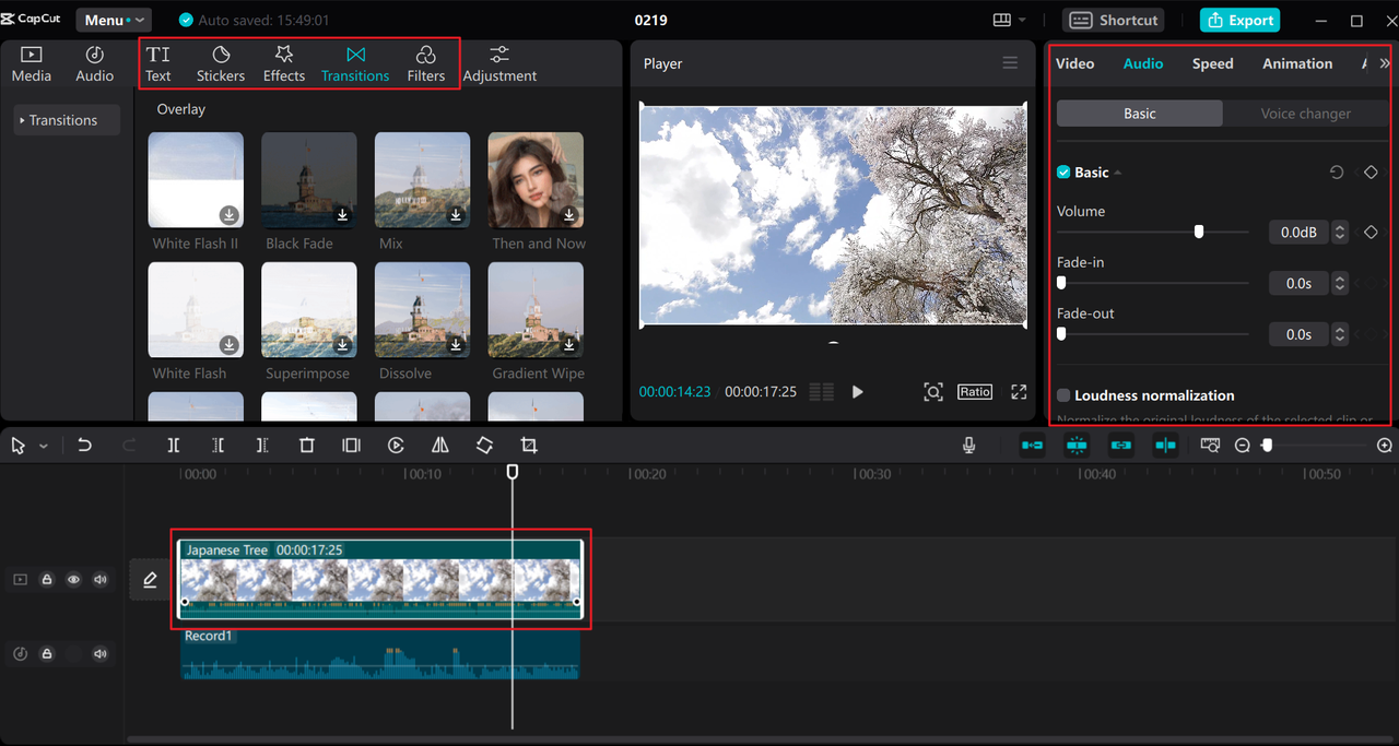 Video editing features on CapCut desktop free audio recording software