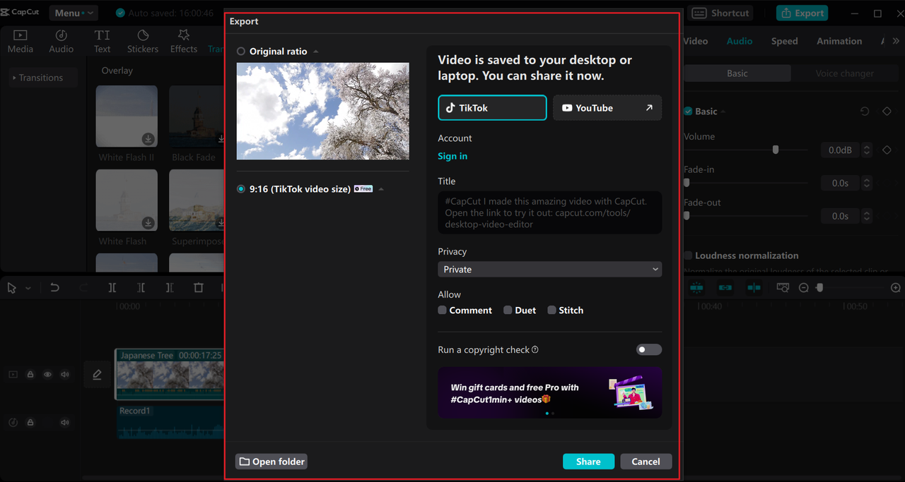 Share videos from the CapCut desktop editor and free audio recording software