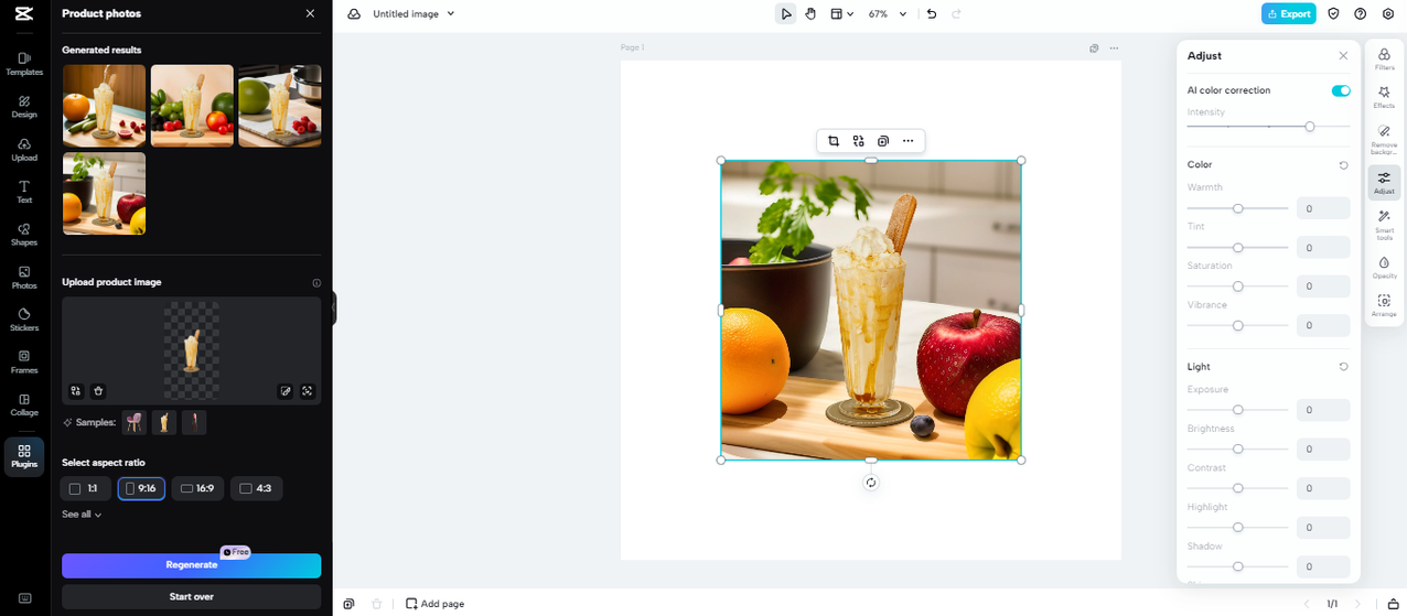 AI-color correction function in CapCut product photos