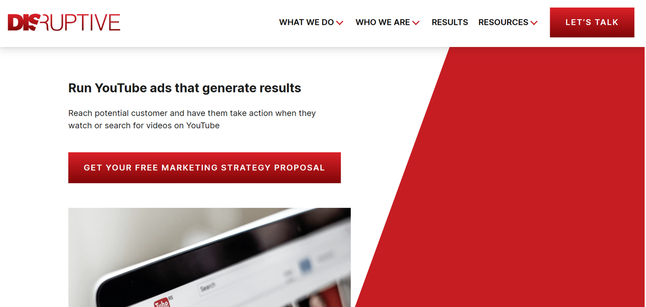 Disruptive Advertising YouTube marketing agency homepage
