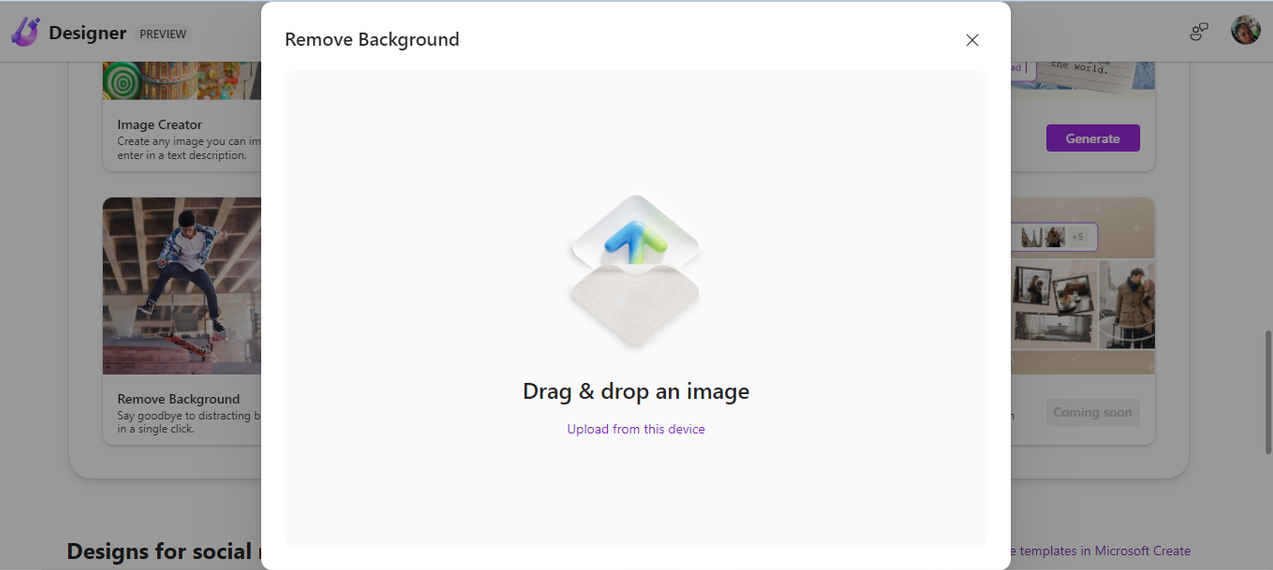 Upload image to Microsoft Designer's remove background tool