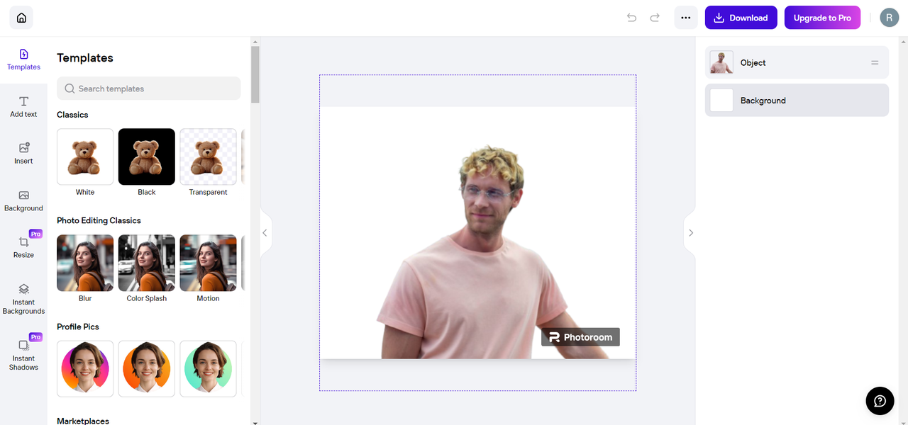 photoroom background removal interface