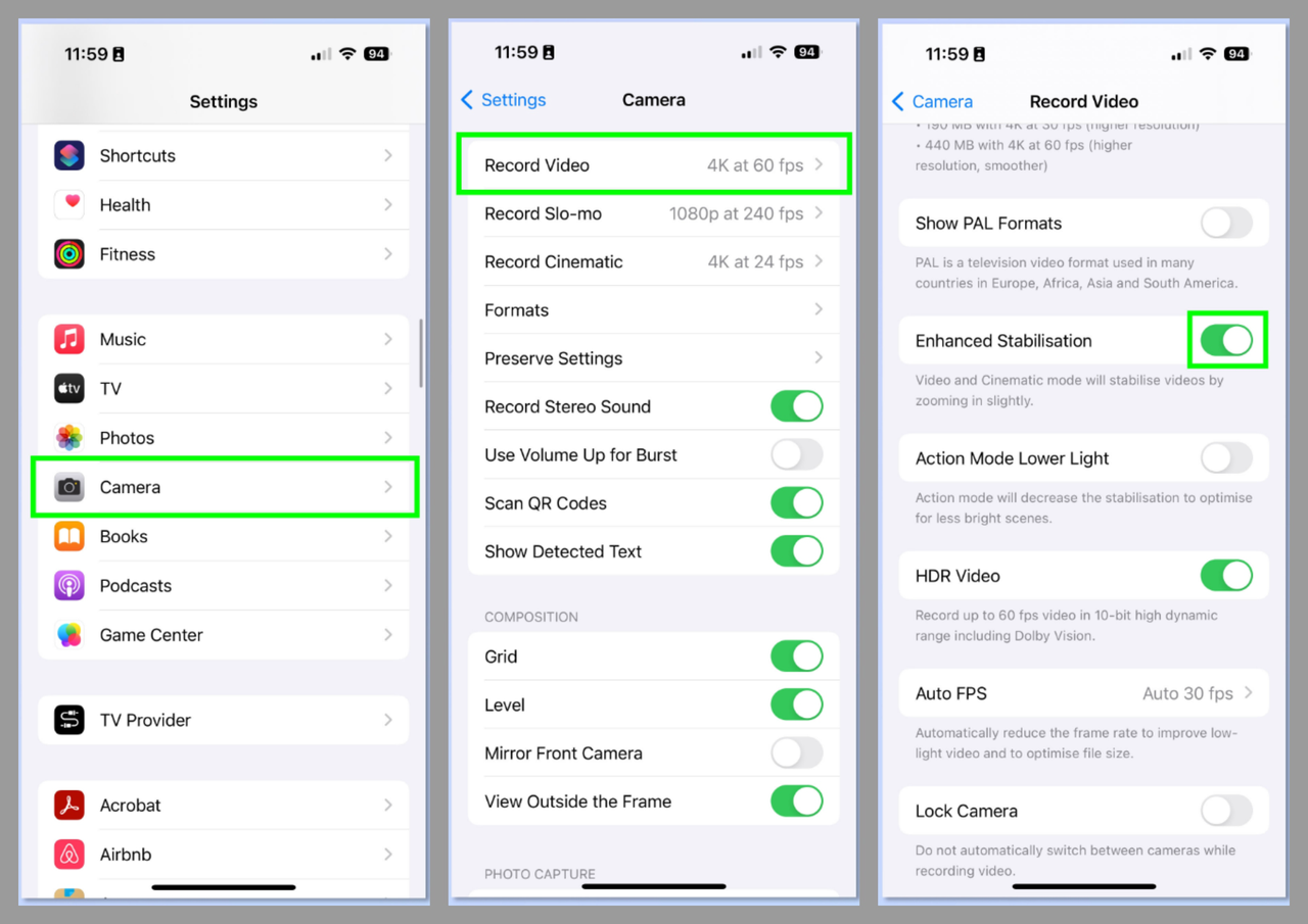 how to activate enhanced stabilization feature on iPhone