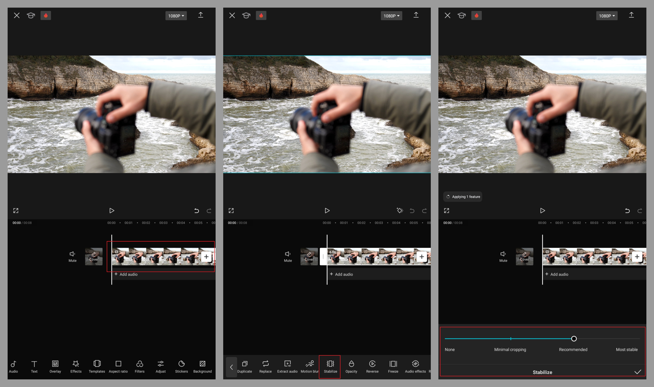 stabilize video on CapCut mobile