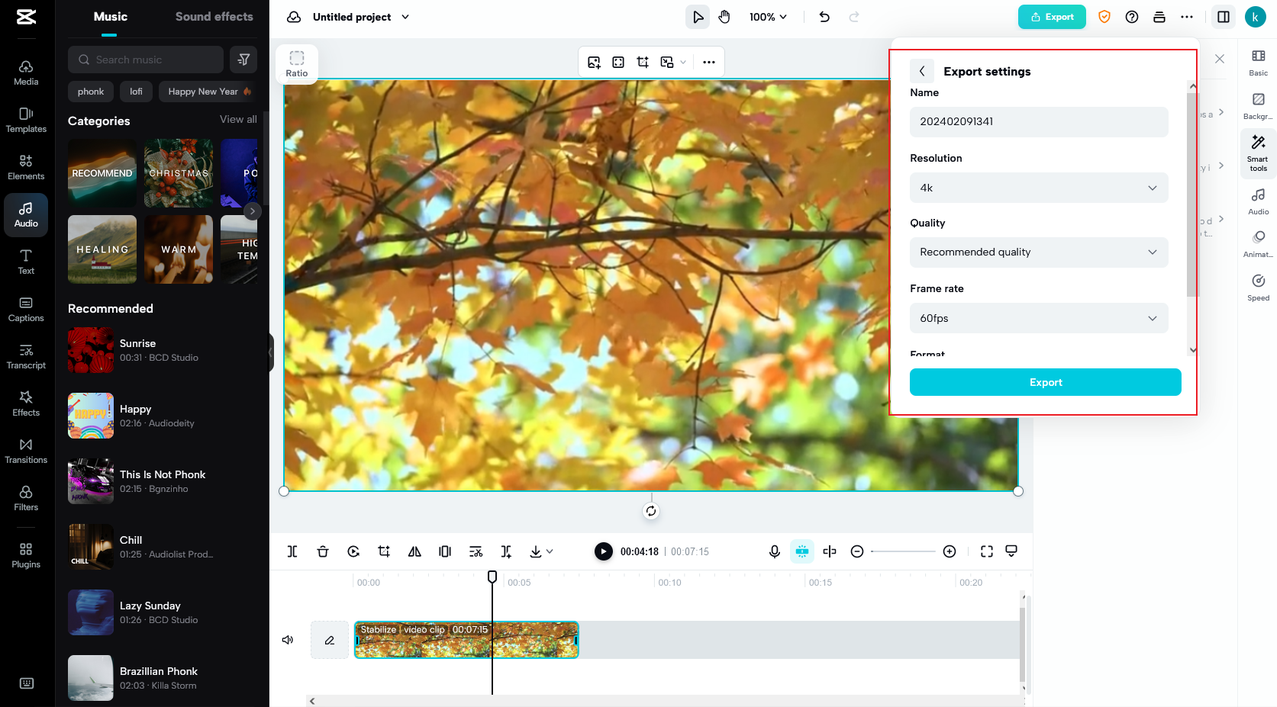 adjust export settings on the CapCut online video editor