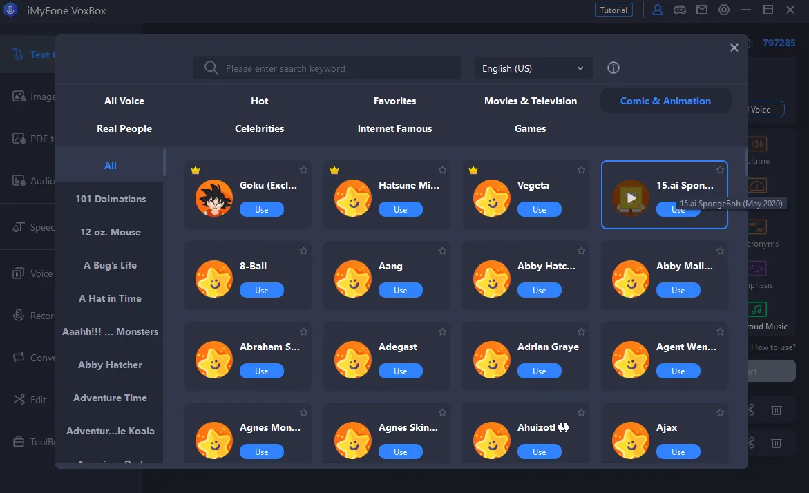 VoxBox SpongeBob AI voice creator interface