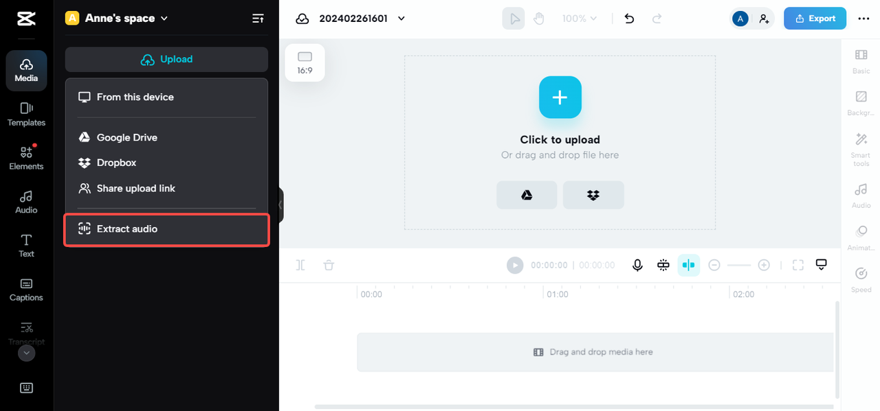 Extract audio during video uploading on CapCut online video editor