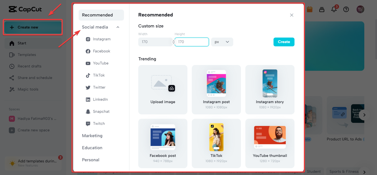 CapCut Online's template library for social media platforms