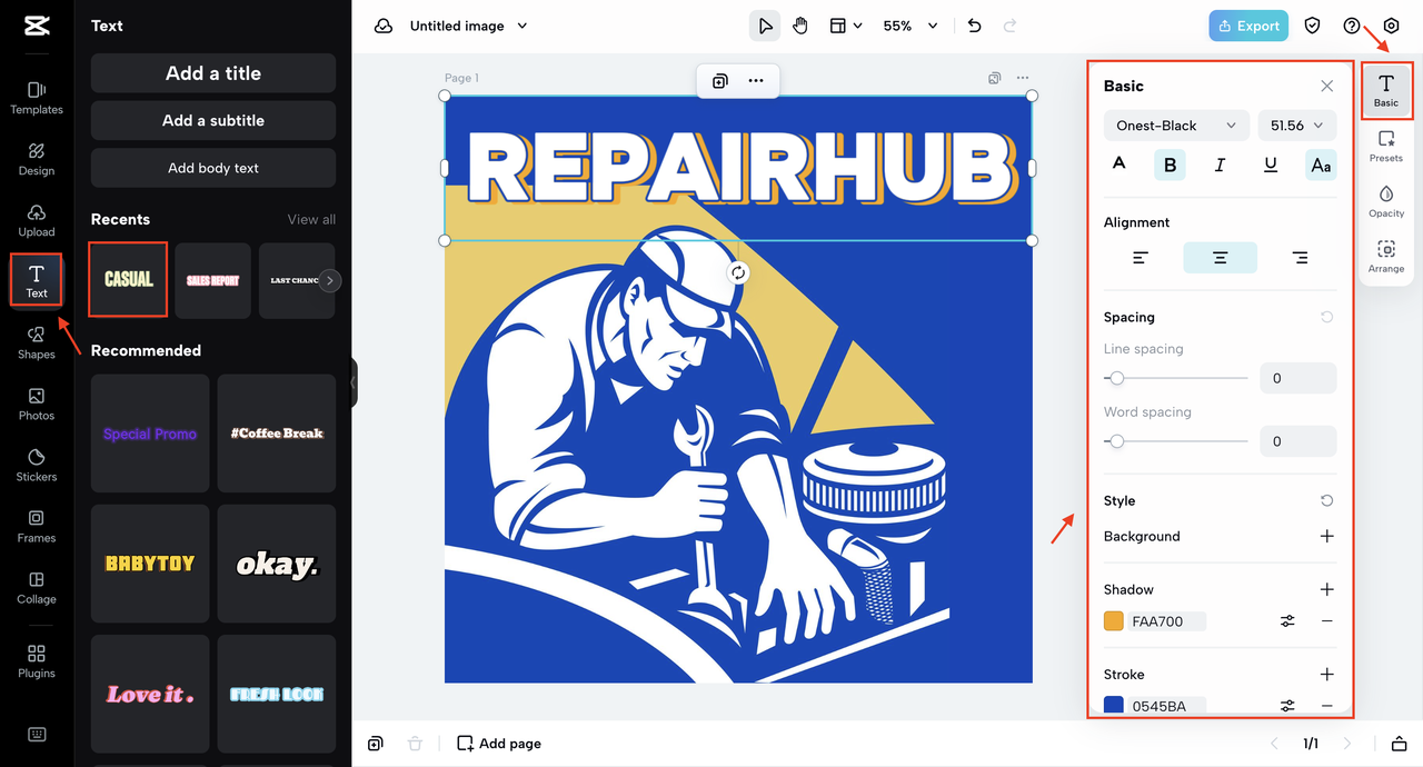 Adding text to car repair shop logo in CapCut Online