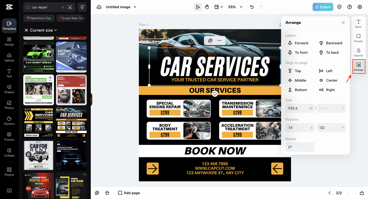 Arrange the elements of your auto service logo