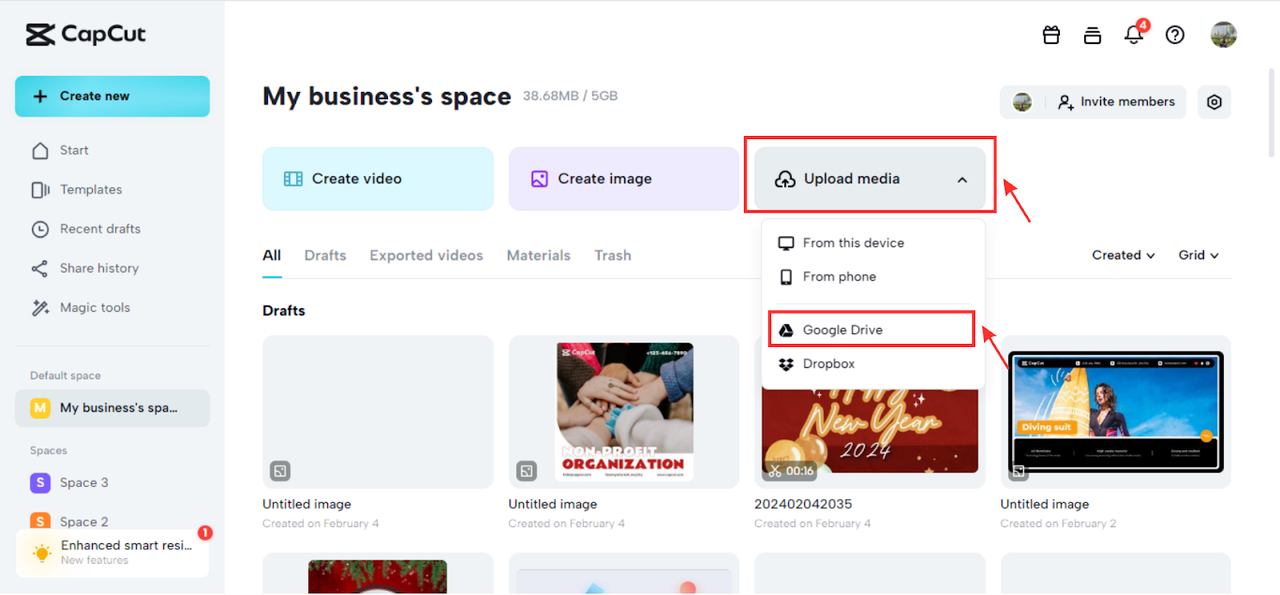 Upload media from Google Drive