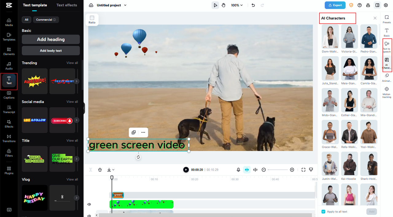 how to add text and AI characters on CapCut online video editor