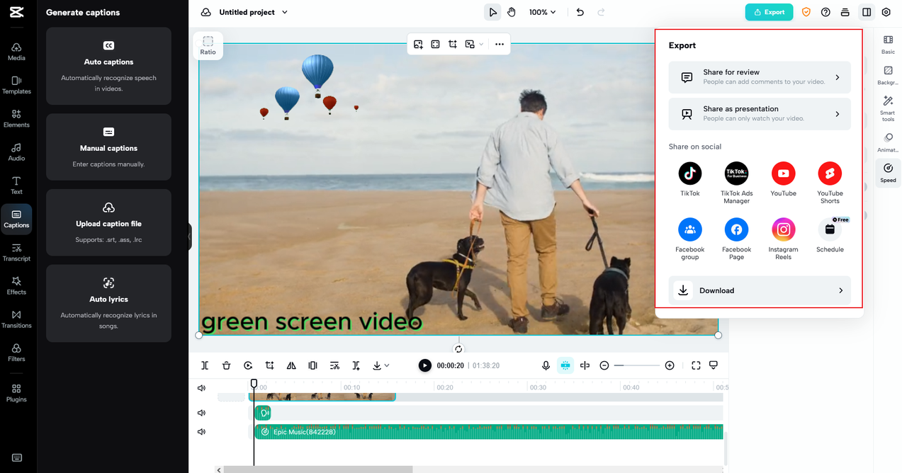 how to access export options on the CapCut online video editor