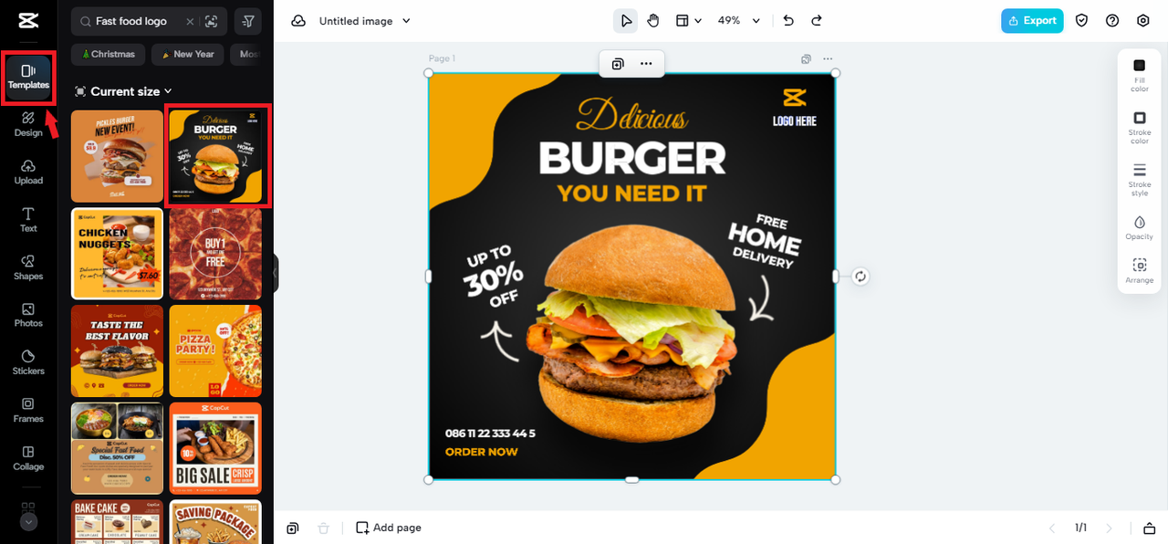 selecting a template in CapCut Online for fast food logo