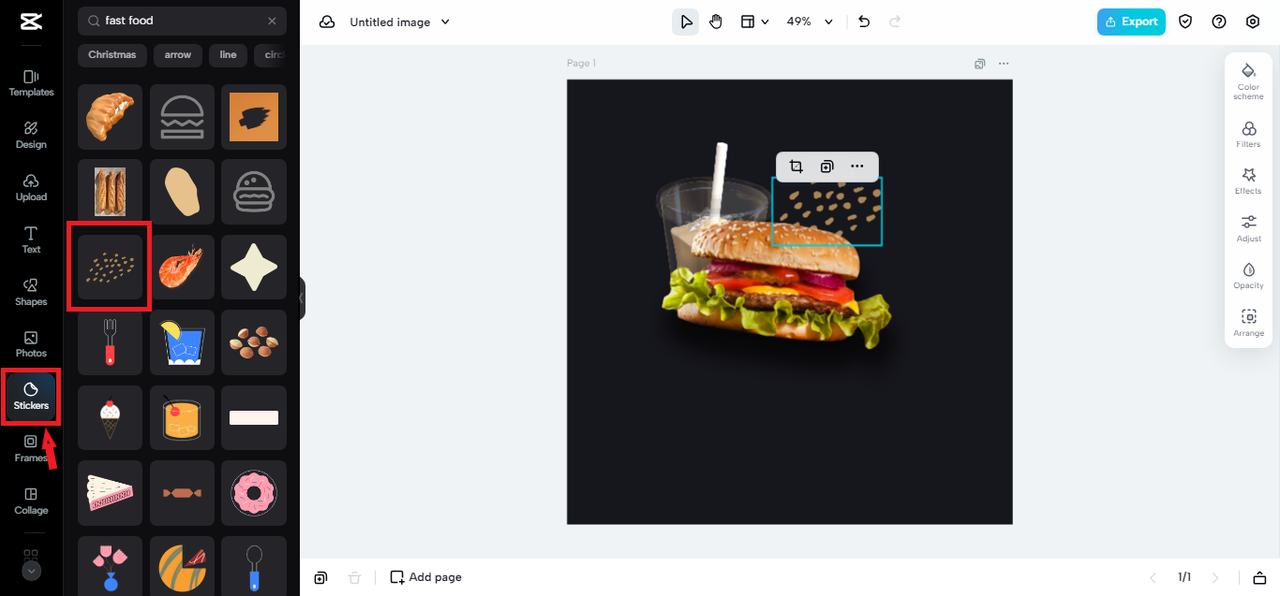 adding stickers to fast food logo in CapCut Online