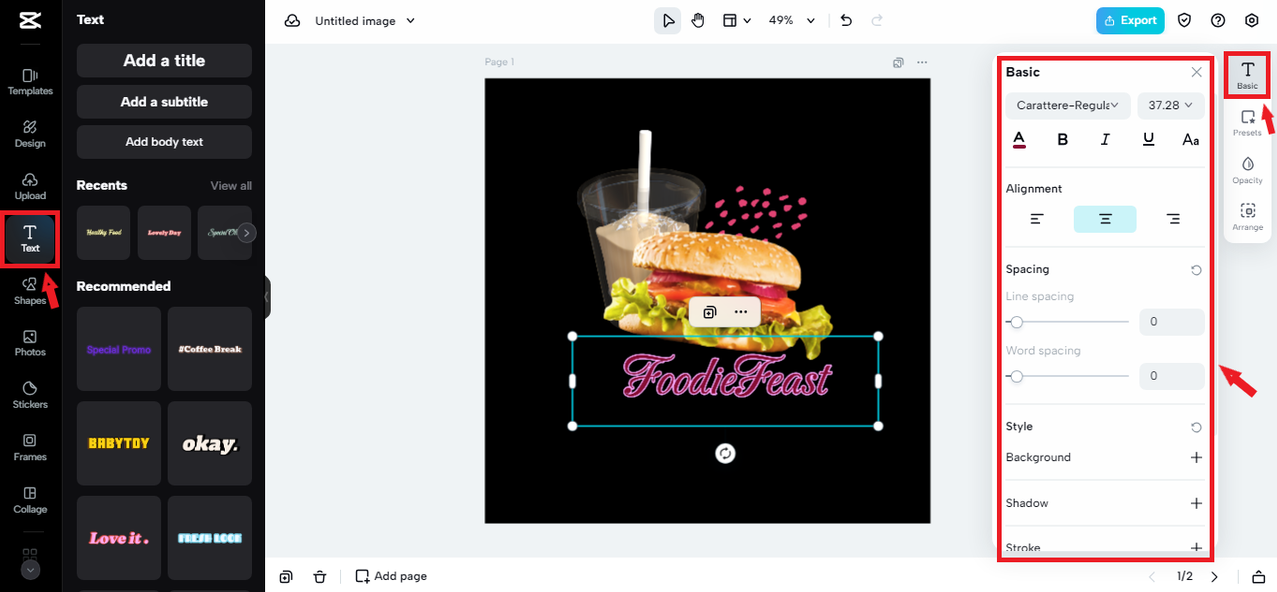 Adding text to the fast food logo in CapCut Online