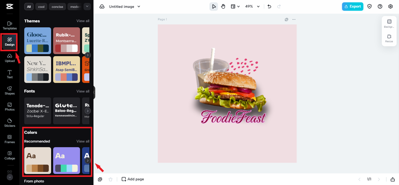 Applying color combination to fast food logo in CapCut Online