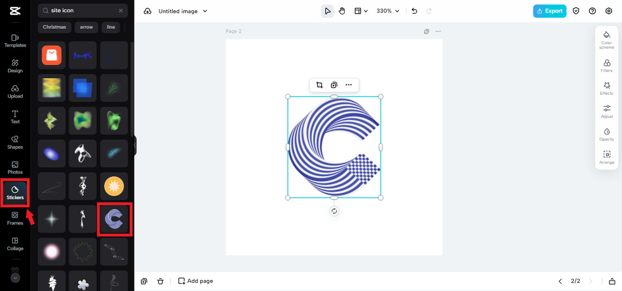 selecting sticker for website icon in CapCut Online