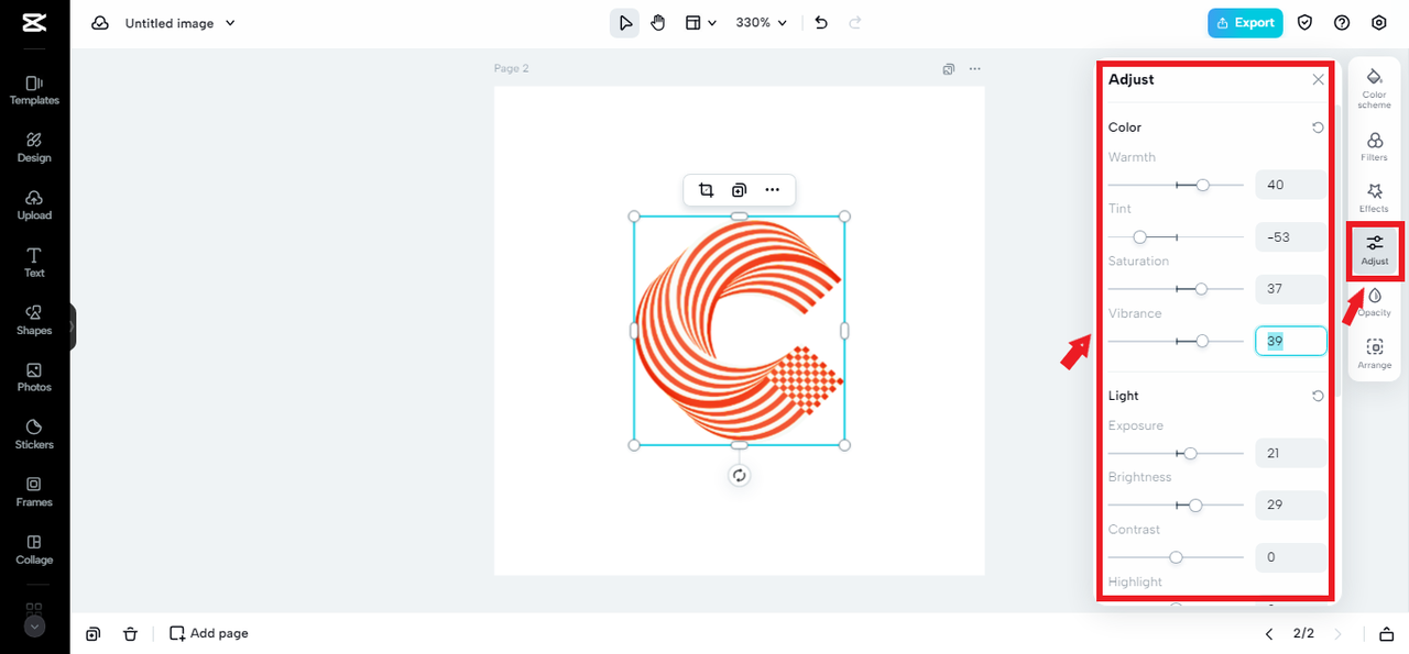 adjusting the light, color, and details of website icon in CapCut Online