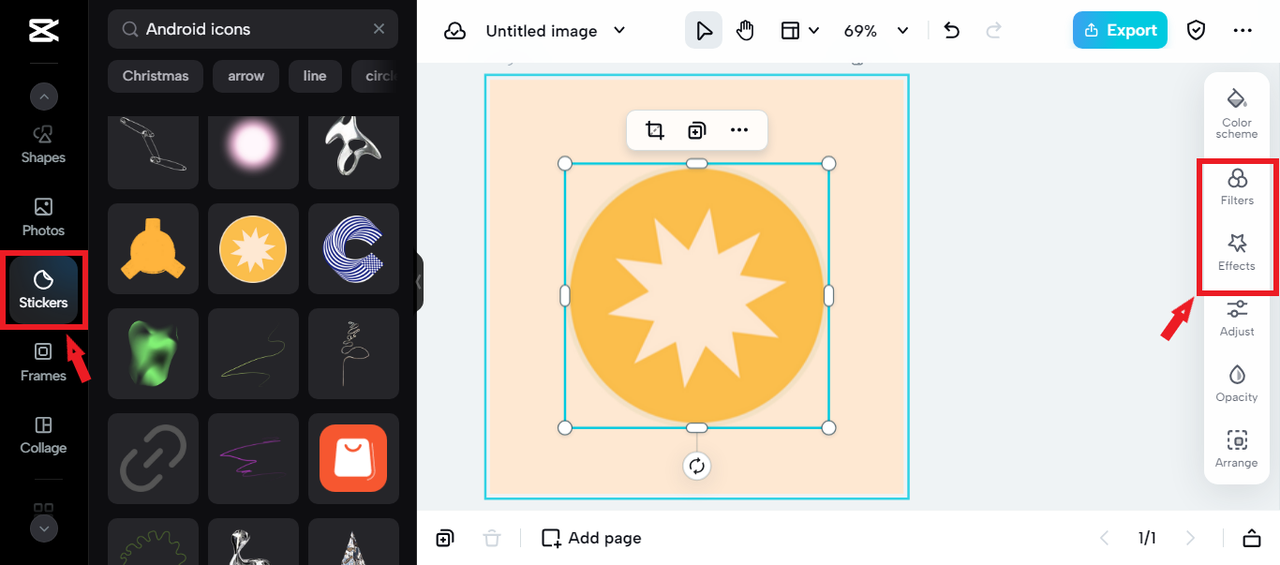 stickers, filters, effects in CapCut Online