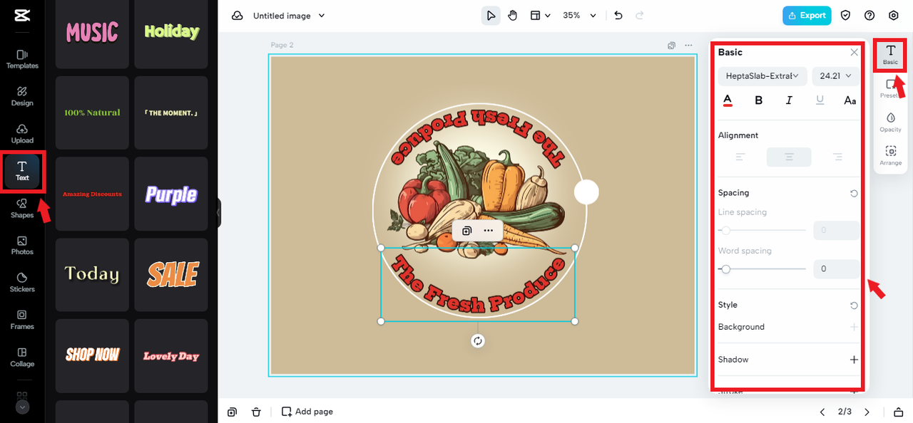 adding text to grocery logo in CapCut Online