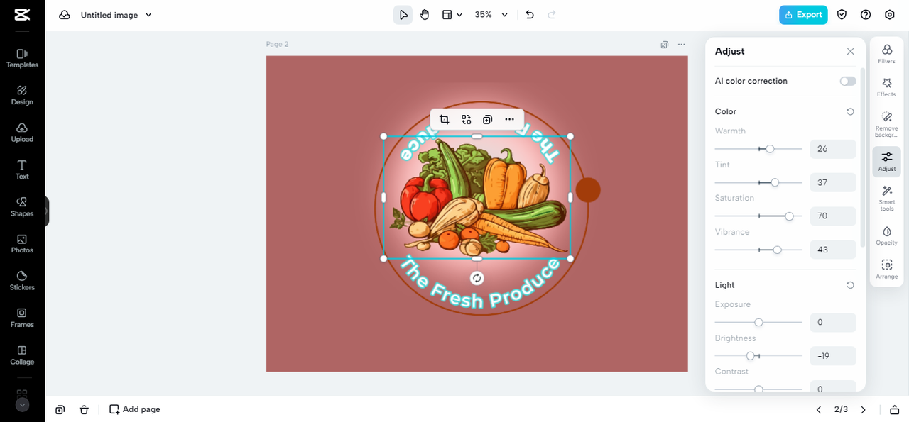 adjusting the color, light, and detail of grocery logo in CapCut Online