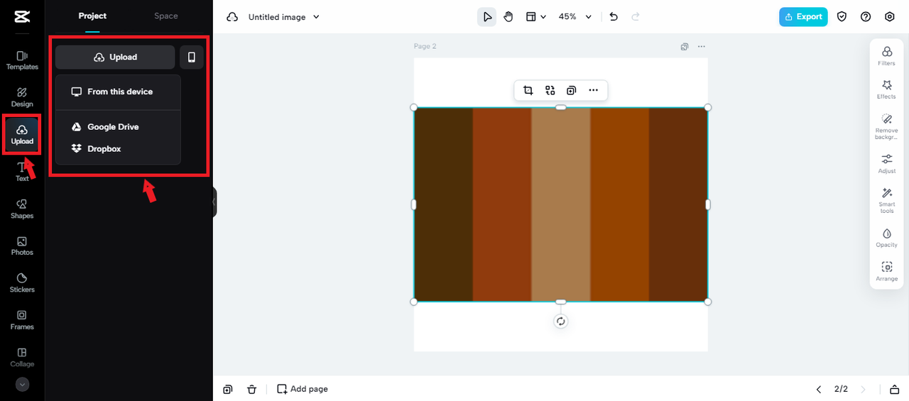 Uploading an image to CapCut Online for chocolate logo