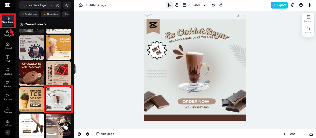 selecting a template in CapCut Online for chocolate logo