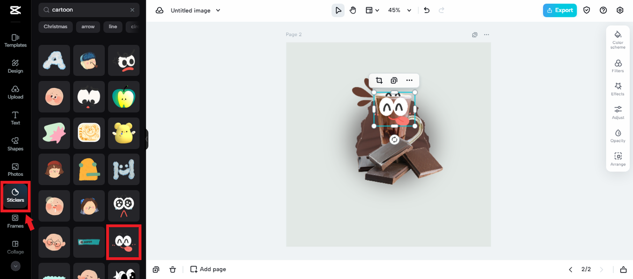 adding stickers to chocolate logo in CapCut Online