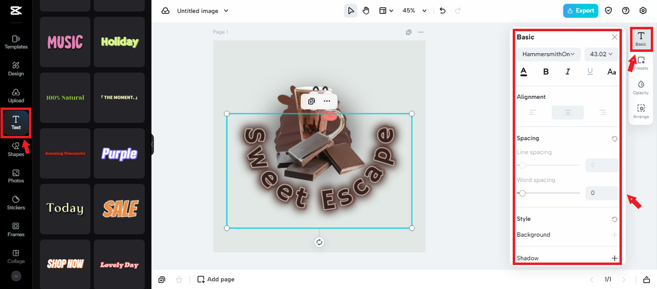 adding text to chocolate logo in CapCut Online