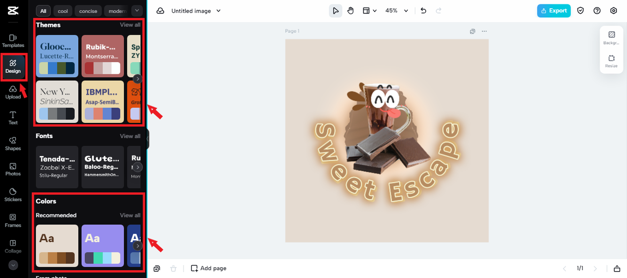 adding color template to chocolate logo in CapCut Online